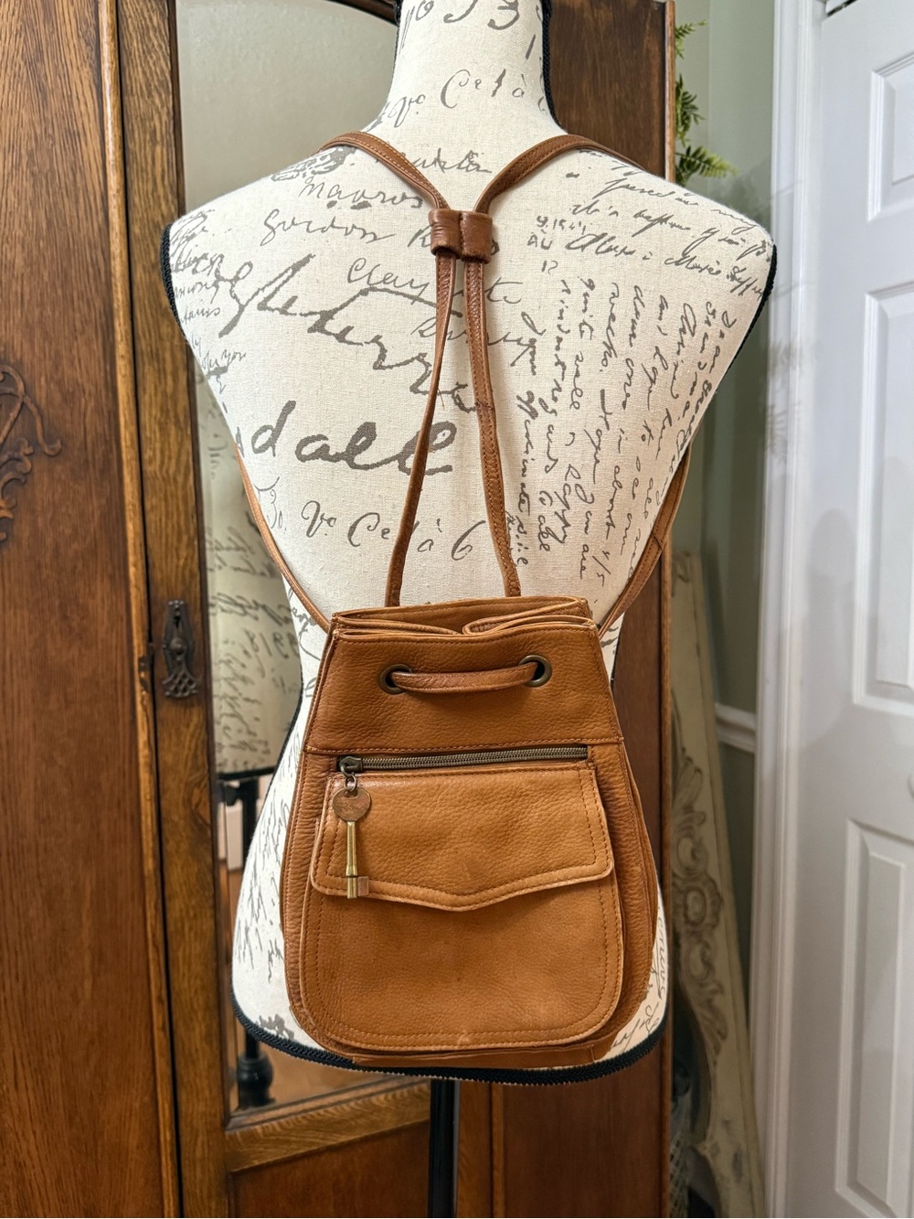 Fossil Small Drawstring Backpack in Cognac Brown